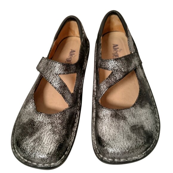 Alegria Mary Jane Shoes Women 41W US 10.5/11 Silver Metallic Strap Comfort - Picture 1 of 16